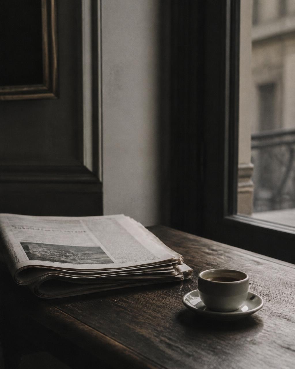 A folded broadsheet newspaper and espresso cup on a dark oak table